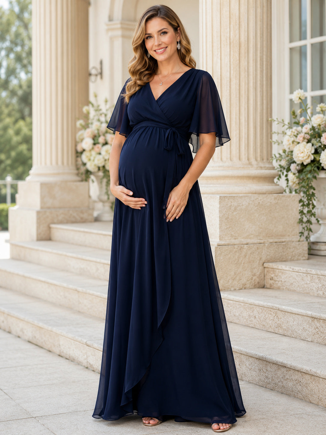 Dark Navy V Neck Flutter Sleeve Chiffon Empire Floor Maternity Evening Guest Gown front view