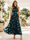 Teal Dragonfly Print Halter Sleeveless A-Line Maxi Garden Dress front view