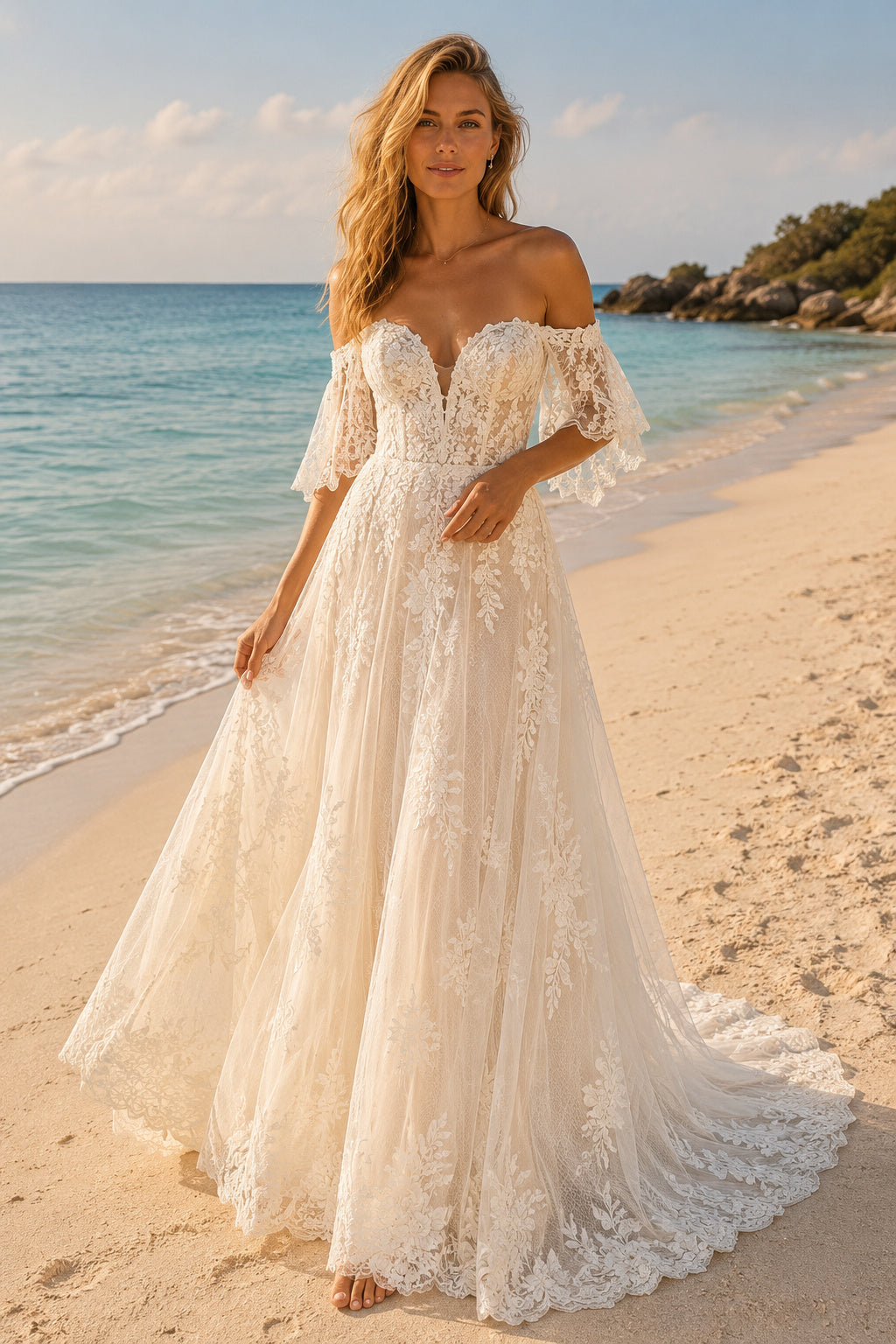 Ivory Off Shoulder Lace Sleeve A-Line Wedding Dress Chapel Train for Bridal Ceremony and Reception front view