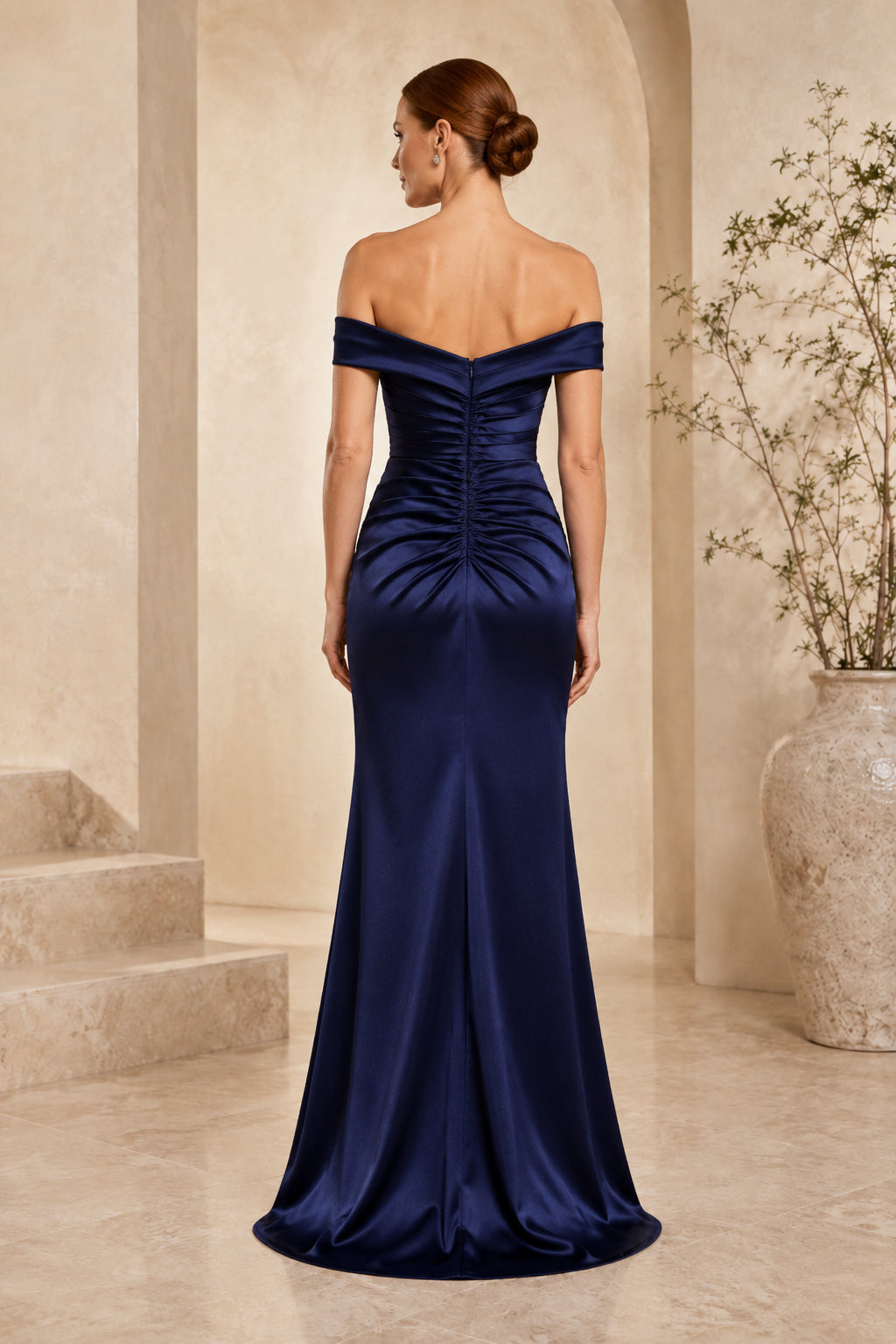 Plus Size Dark Navy Satin Off-the-Shoulder Sheath Formal Dress with Ruched Bodice back view