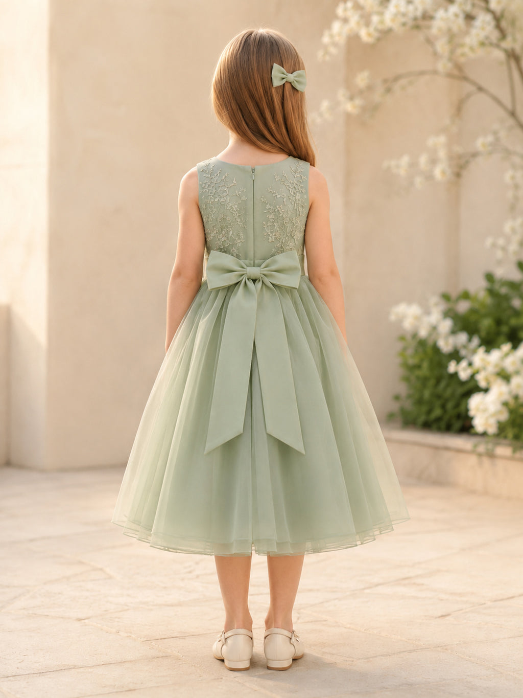 Flower Girl Dress Sage Tulle A-Line Sleeveless Jewel Neck Tea Length Bow Back back view