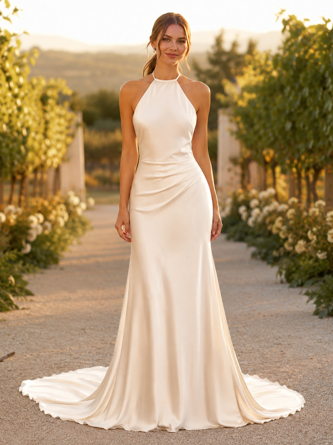 Minimalist Satin Wedding Dress Mermaid Halter Sleeveless Court Train Bridal Gown front view