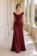 Burgundy Cowl Neck Sleeveless Sheath Satin Floor-Length Dress With Draped Bodice