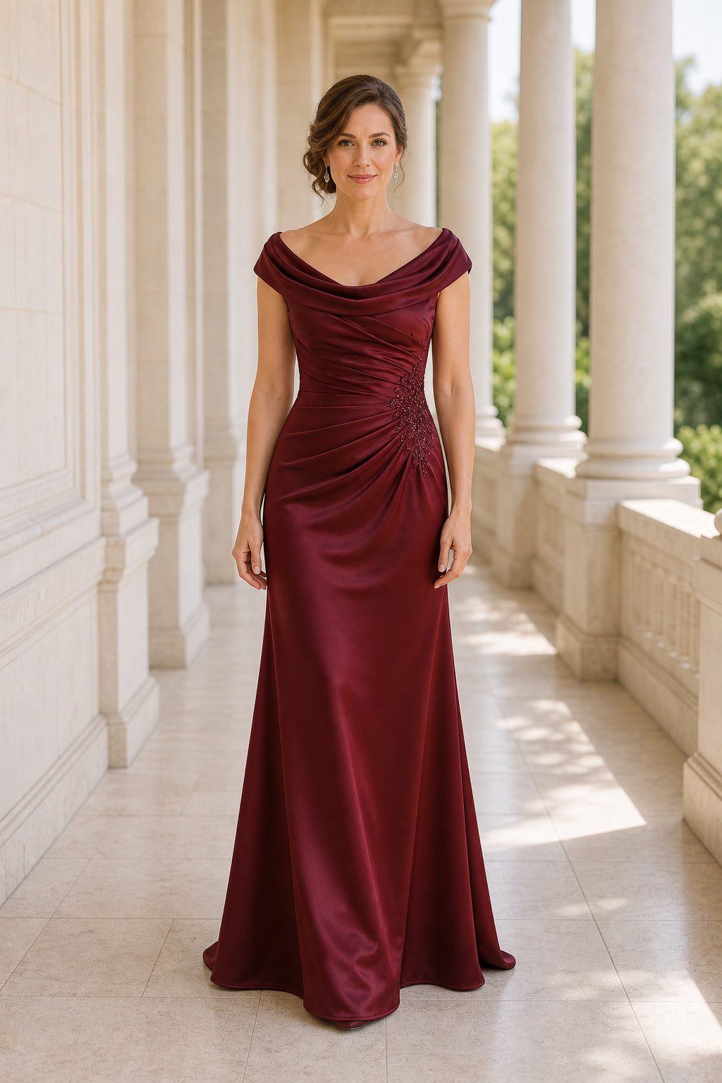 Burgundy Cowl Neck Sleeveless Sheath Satin Floor-Length Dress With Draped Bodice