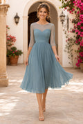 Steel Blue Tea Length Chiffon A-Line Dress with Illusion Half Sleeves front view