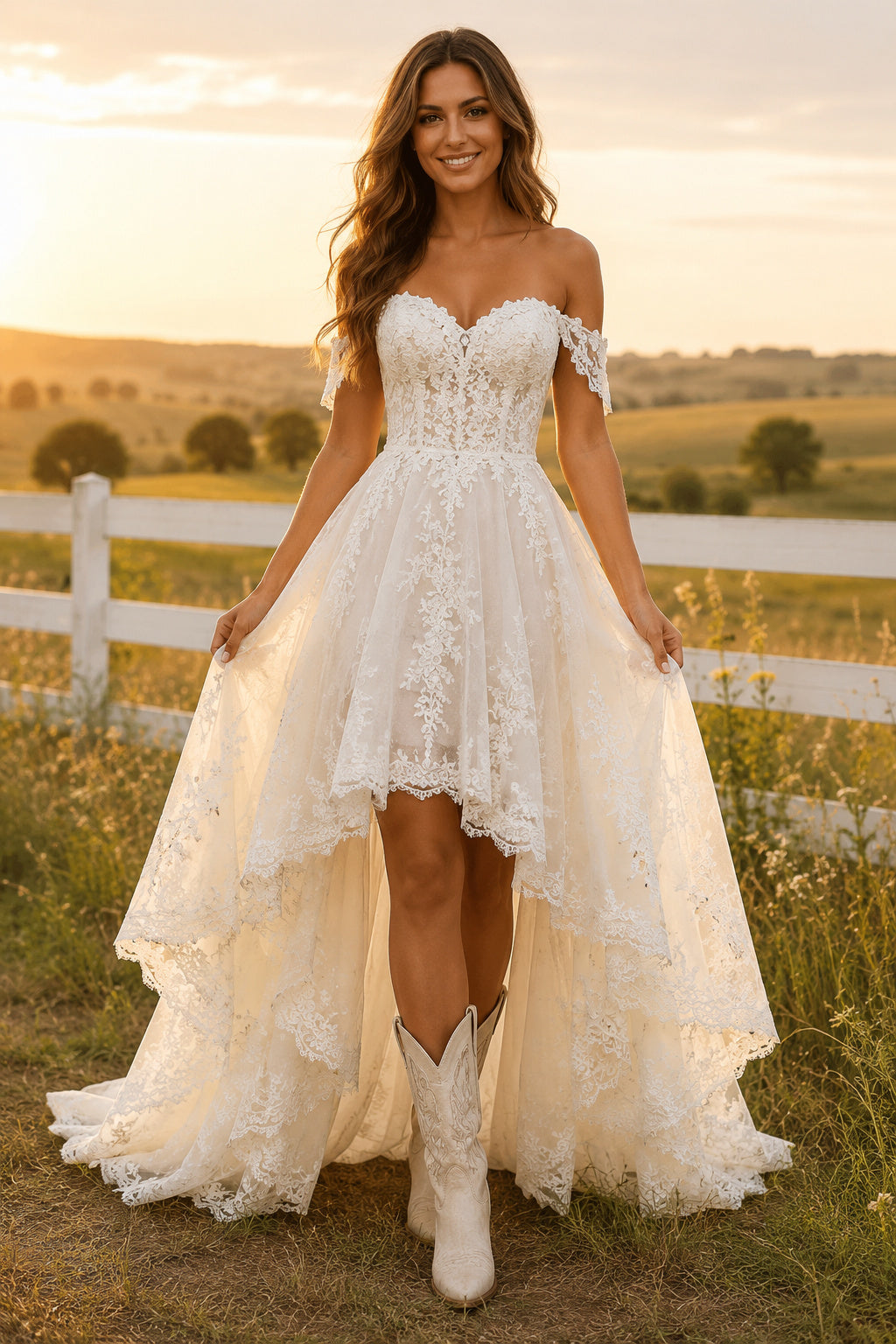 Off the Shoulder High Low A-Line Wedding Dress with Lace Bodice and Layered Train front view