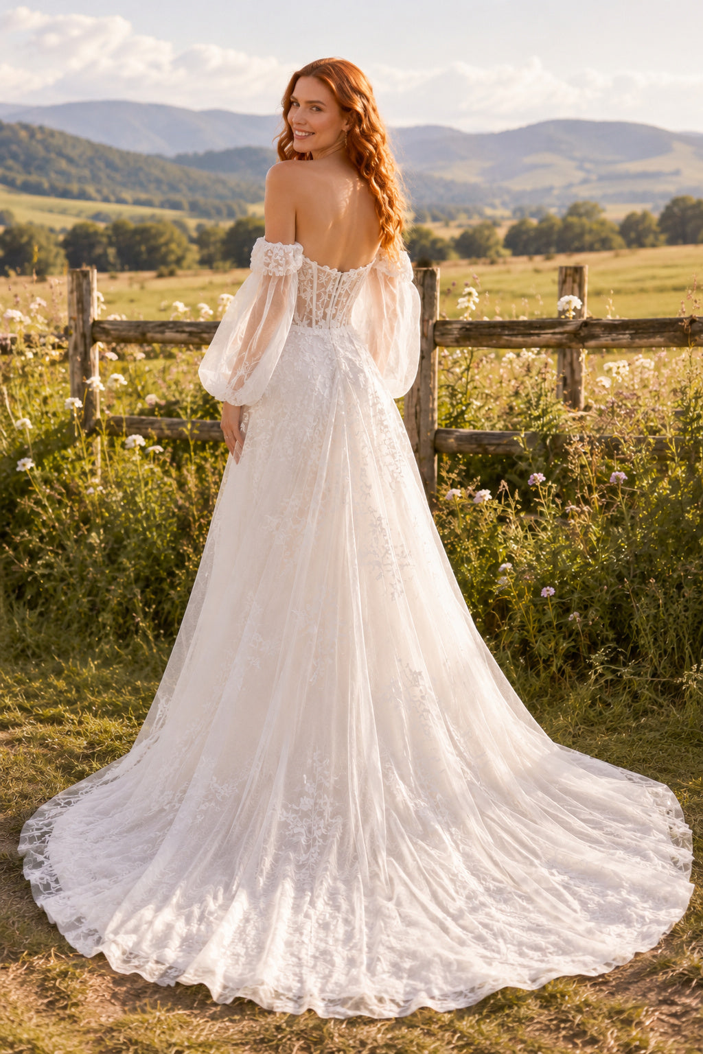 Ivory Sexy Off-the-Shoulder A-Line Soft Tulle Wedding Dress with Detached Long Sleeves and Chapel Train back view