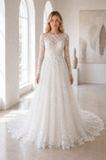 White Off-the-shoulder Flutter Sleeves A-Line Crepe Floor-length Wedding Dress With Layered Skirt and Beaded Bodice and Open Back Lace Hem Detail