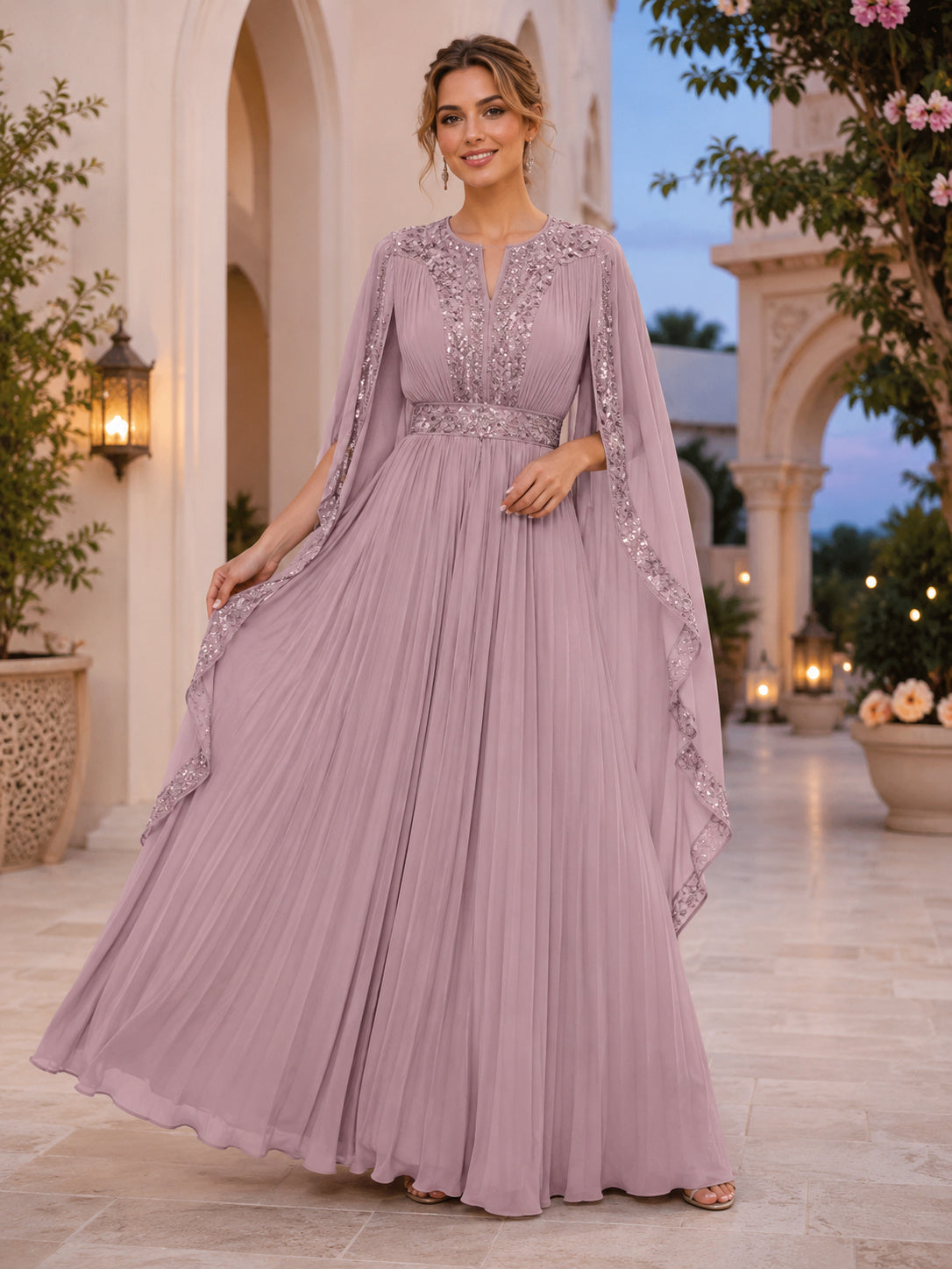 Elegant Lavender Chiffon Eid A Line Floor Length Cape Sleeve Beaded Dress front view