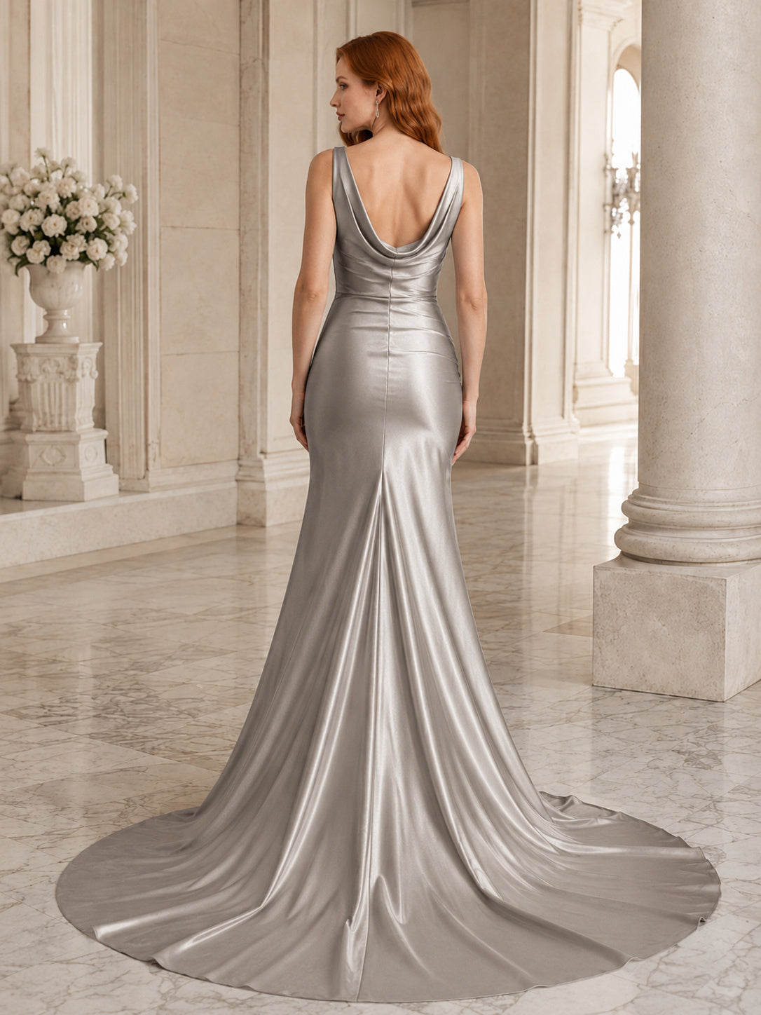 Pewter One-Shoulder Cowl Satin Mermaid Modern Wedding Gown back view