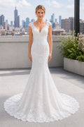 White V-neck Mermaid Lace Floor-length Wedding Dress With Lace and Train and Open Back