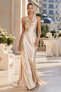 Champagne Satin Halter Cowl Neck Evening Dress with Low Back front view