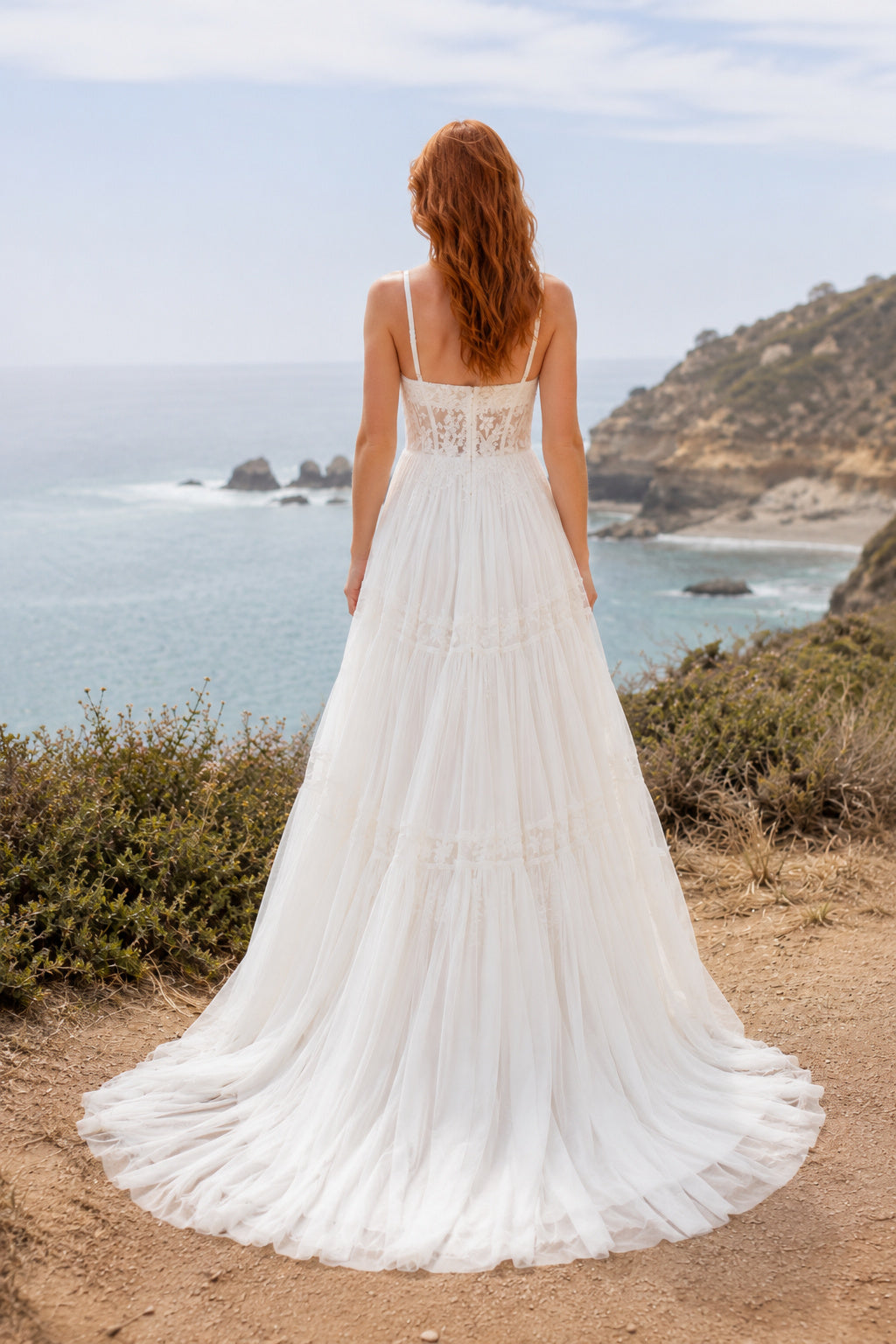 Square Neck Strap A-Line Wedding Dress with Tiered Tulle Skirt and Sweep Train for Beach Garden Ceremony back view