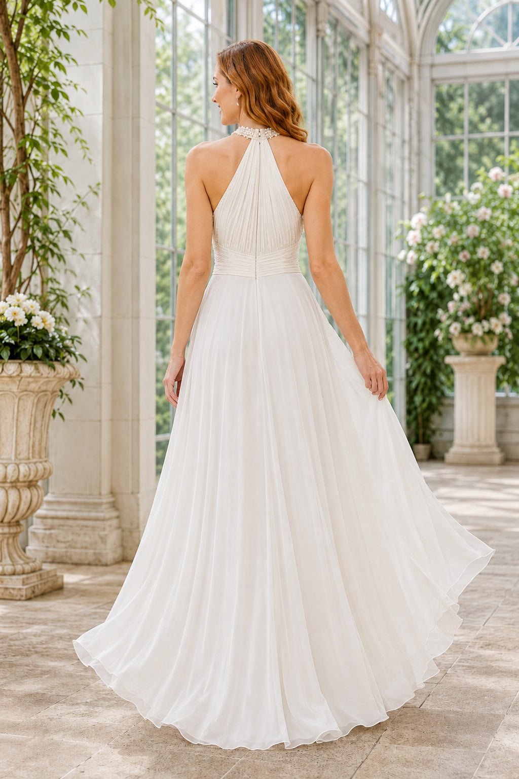 Ivory Halter Chiffon A-Line Wedding Dress with Flowing Skirt back view