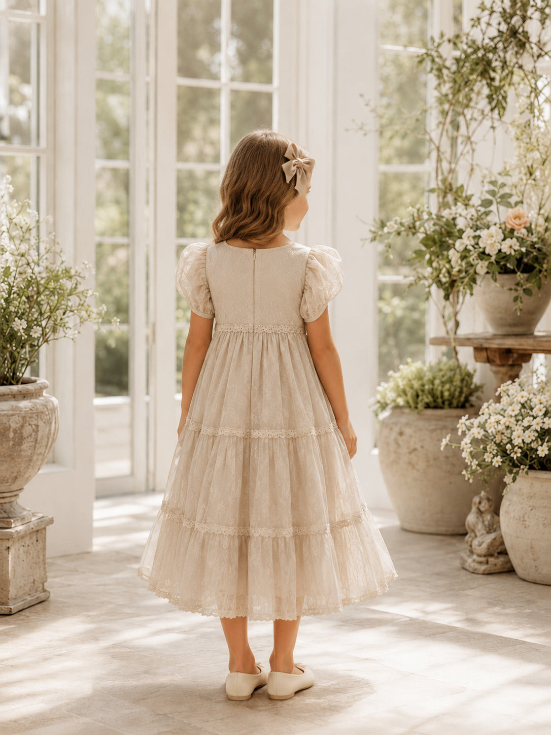 Ivory Chiffon A-Line Flower Girl Dress with Cap Short Sleeve, jewel Neckline, and Knee length Skirt with Ruffled Texture back