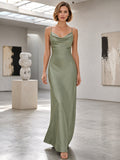 Gallery Formal Sage Simple Elegant Modern Sheath Satin Bridesmaid Dress with Cowl Neck Spaghetti Straps Sleeveless Floor-Leng
