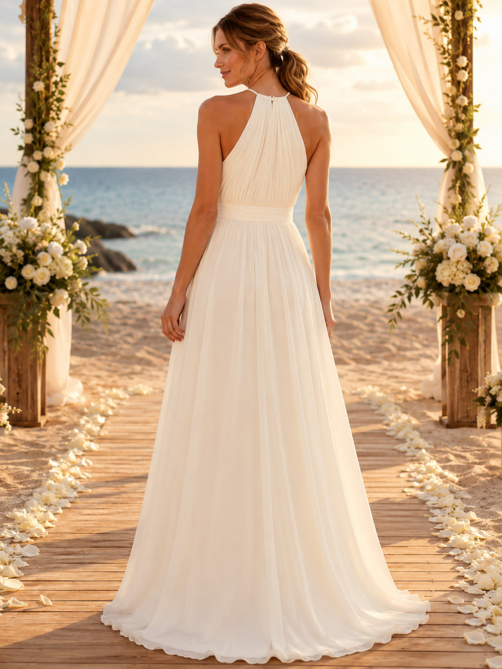 Beach Halter Empire Relaxed Chiffon A-Line Wedding Dress back view
