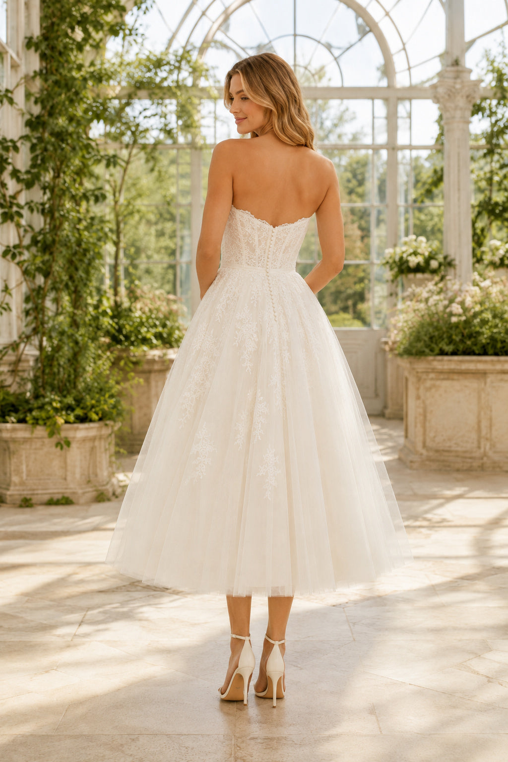 Ivory Strapless Sweetheart Tulle Tea Length Wedding Dress for Wedding Reception and Party Style MG_701000 back view