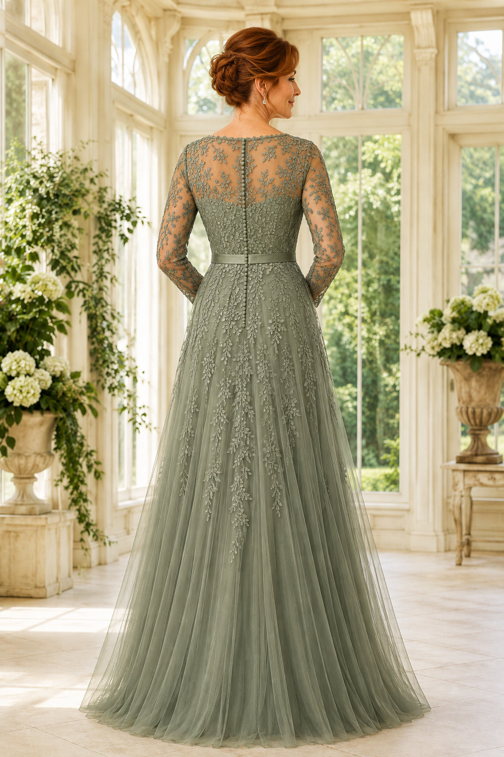 Sage Long Sleeve Tulle A-Line Mother Dress with Lace Illusion Bodice back view