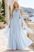 Sky Blue Halter Chiffon A-Line Formal Dress with Cape front view