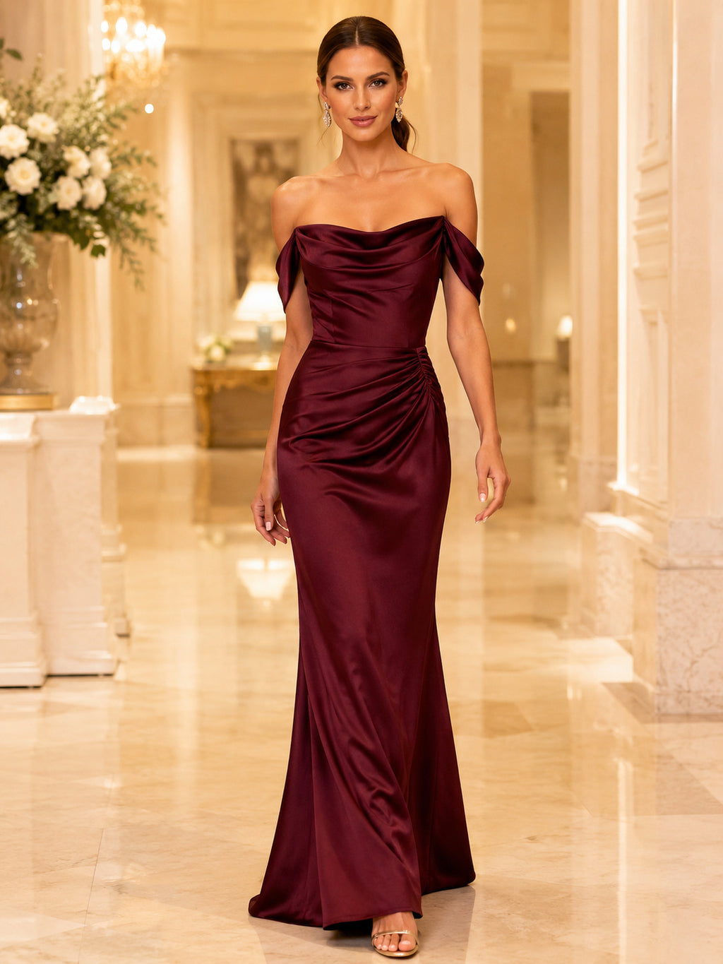 Burgundy Off-the-shoulder Draped Satin Mermaid Gown front view