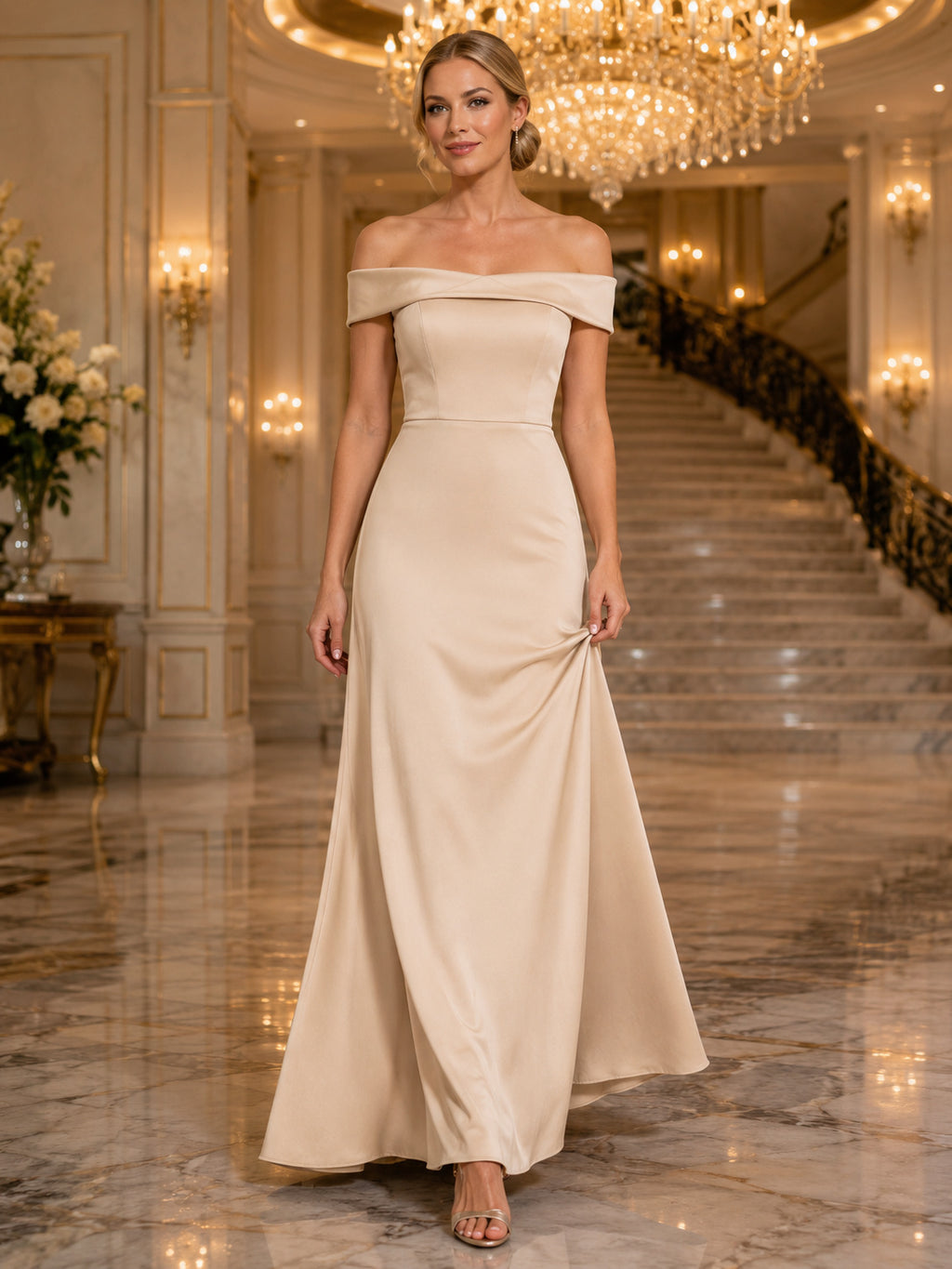 Champagne Off Shoulder Satin Hotel Event Gown front view