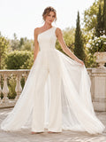 Wedding Pantsuit One Shoulder Detachable Tulle Skirt Sweep Train front view