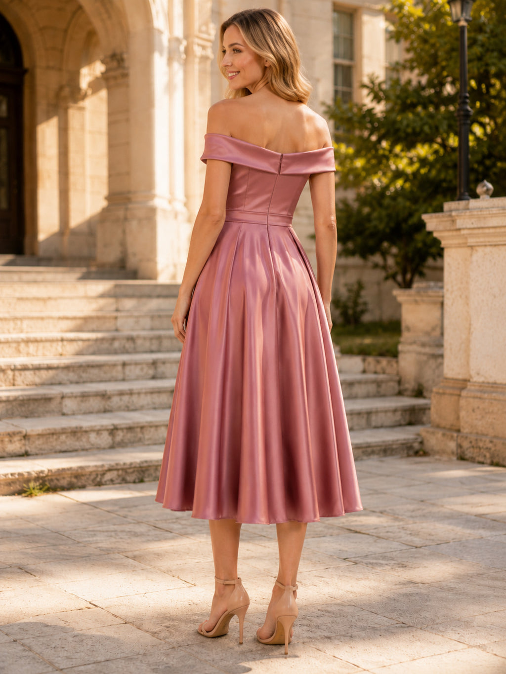 Vintage Dusty Rose Satin Prom A Line Tea Length Off Shoulder Dress back view