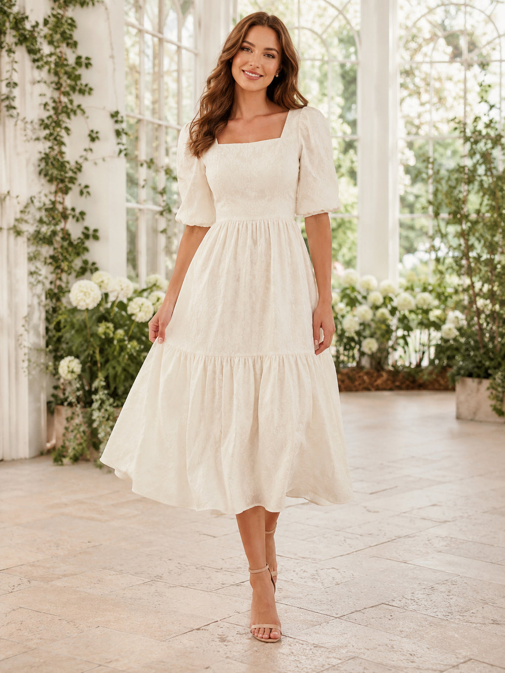Ivory Square Neck Puff Sleeve Tiered Midi Dress front view