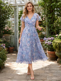 Dusty blue floral V-neck flutter sleeve garden midi dress front view