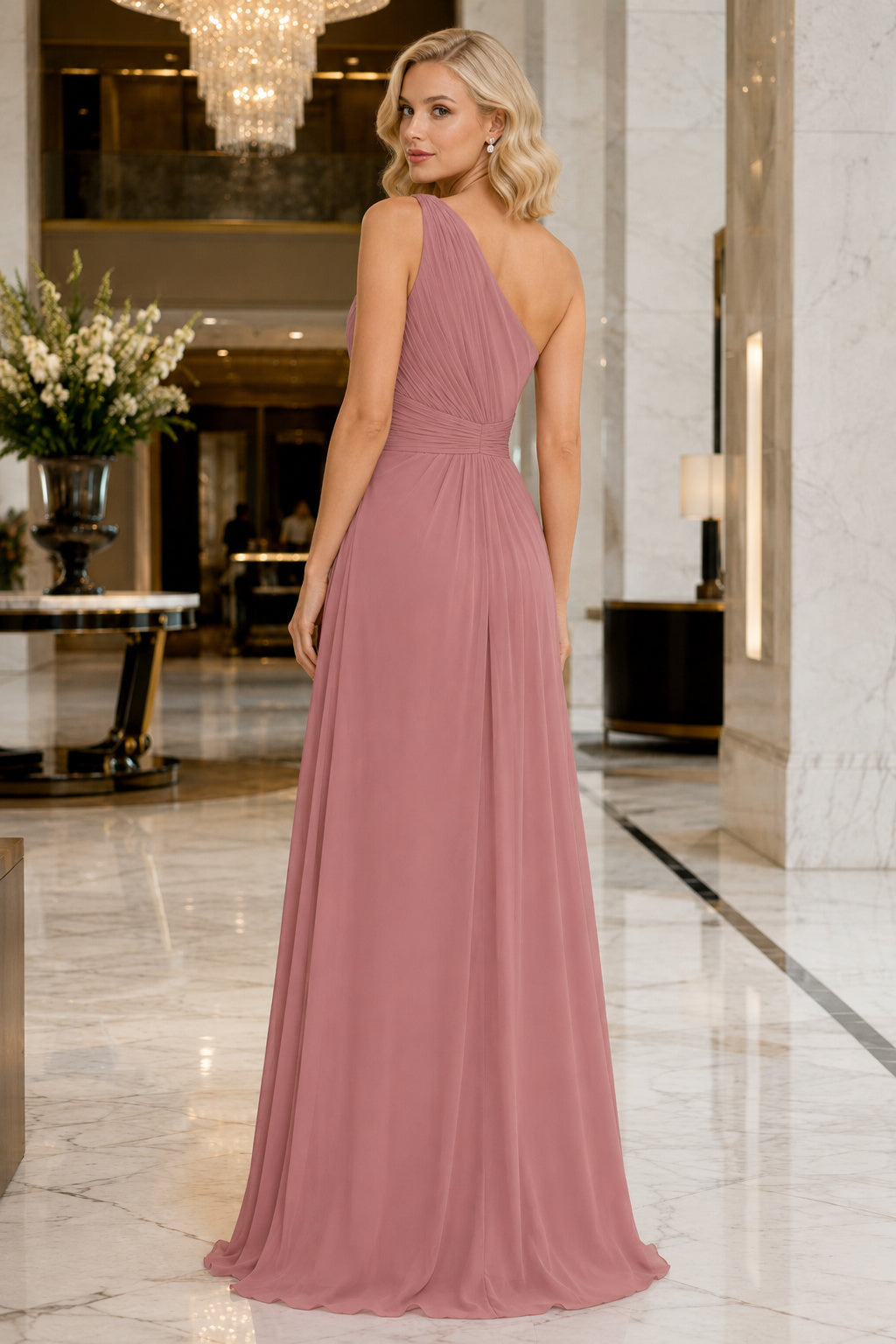 Dusty Rose one shoulder chiffon sheath dress with side drape and pleated bodice Floor-length Sheath Bridesmaid Dress back vie