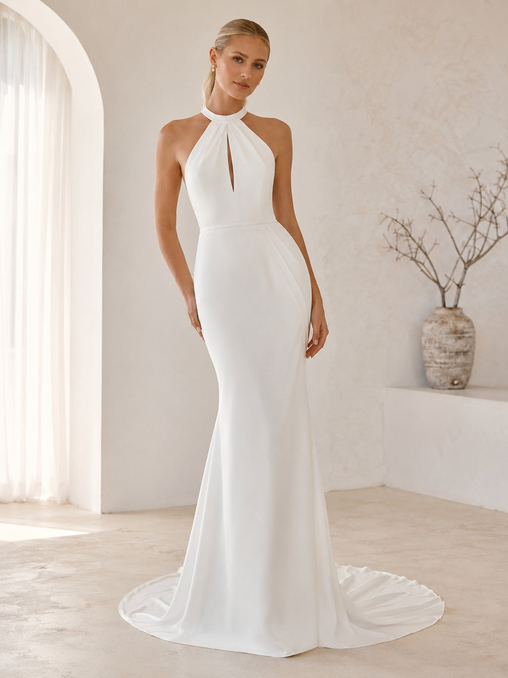 Minimalist Satin Wedding Dress Sheath Halter Sleeveless Sweep Train Open Back Bridal Gown front view