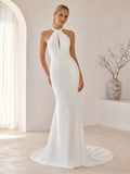 Minimalist Satin Wedding Dress Sheath Halter Sleeveless Sweep Train Open Back Bridal Gown front view