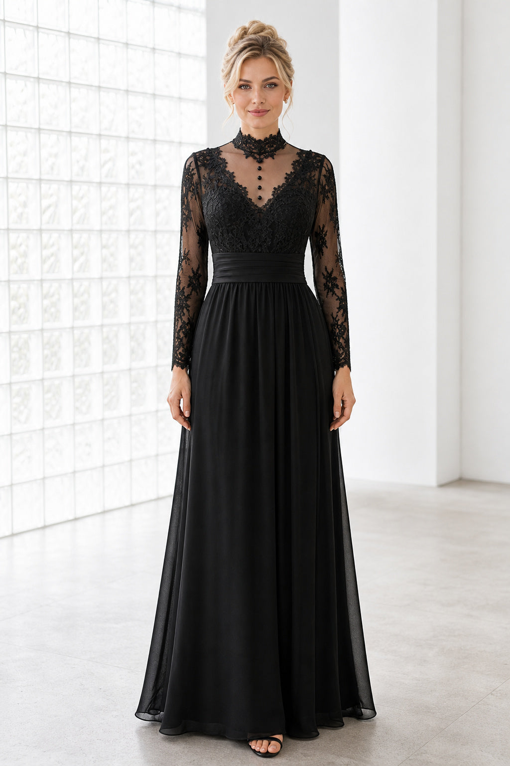 Black High-Neck Long Sleeve A-Line Chiffon Floor-Length Dress With Lace Bodice