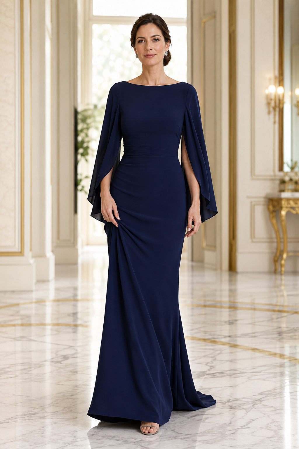 Dark Navy Bateau Sheath Mother Dress with Chiffon Cape Sleeves front view
