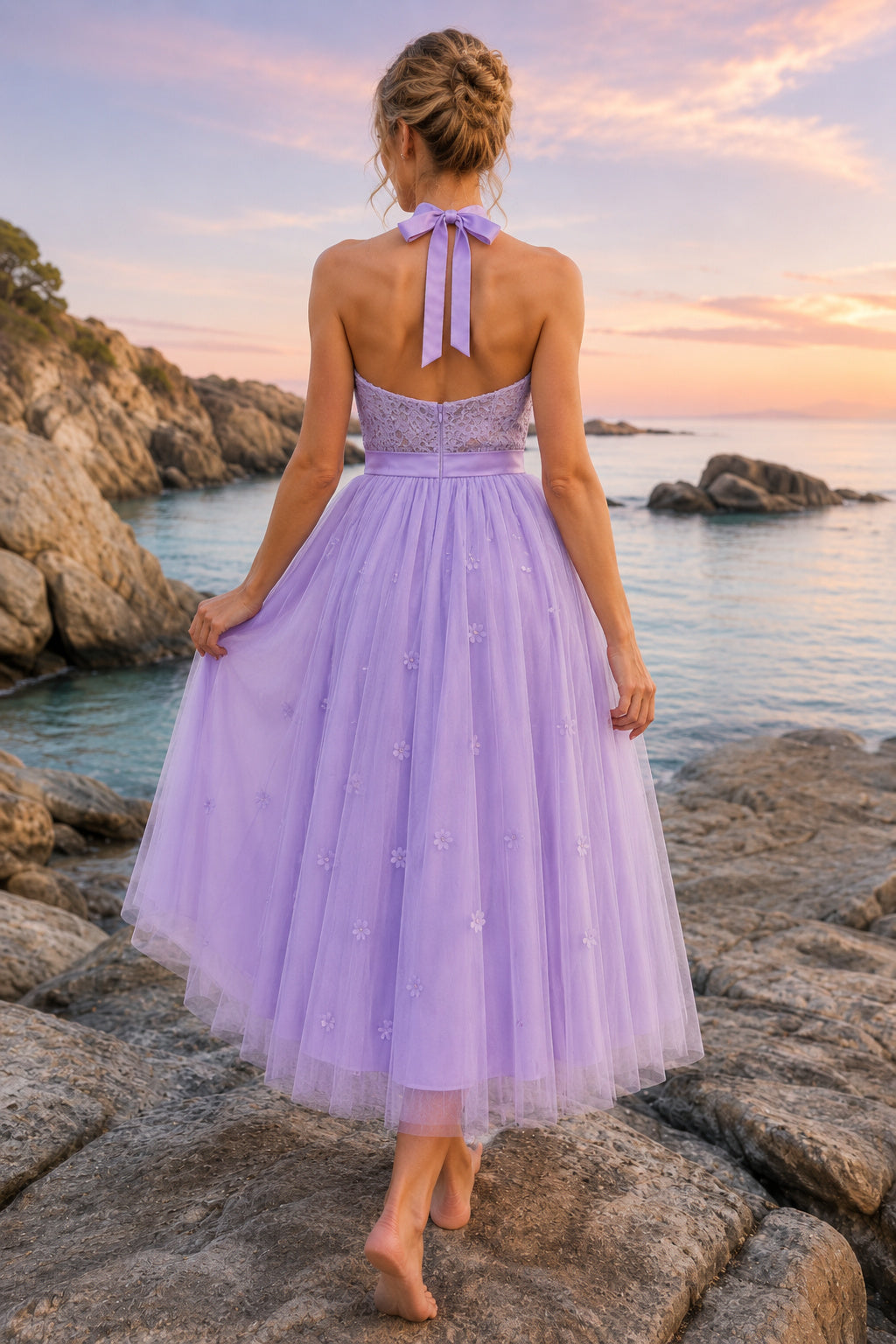 Lavender Halter Bow Neck Sparkle Tulle Skirt with Open Back Tea Length A-Line Prom Dress back view