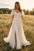 Flutter Sleeve V-Neck A-Line Wedding Dress with Front Split and Soft Train for Rustic Garden Ceremony front view