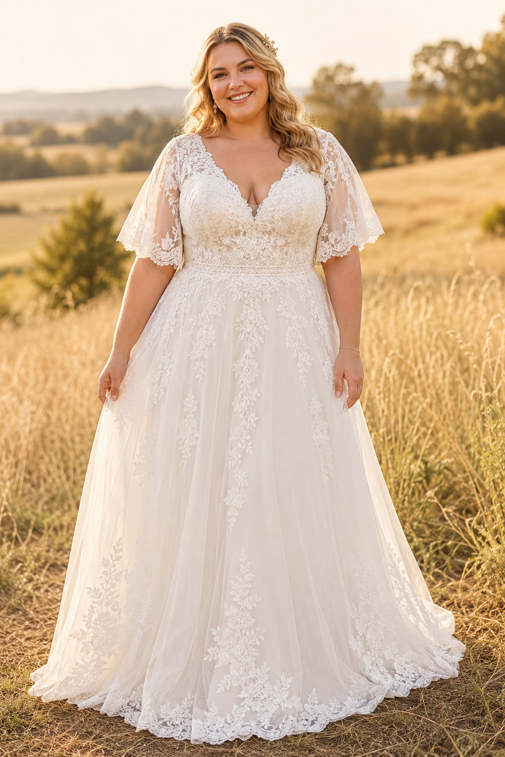 Plus Size Ivory V-Neck Flutter Sleeve Lace Tulle A-Line Wedding Dress with Flutter Lace Sleeves and Sweep Train front view