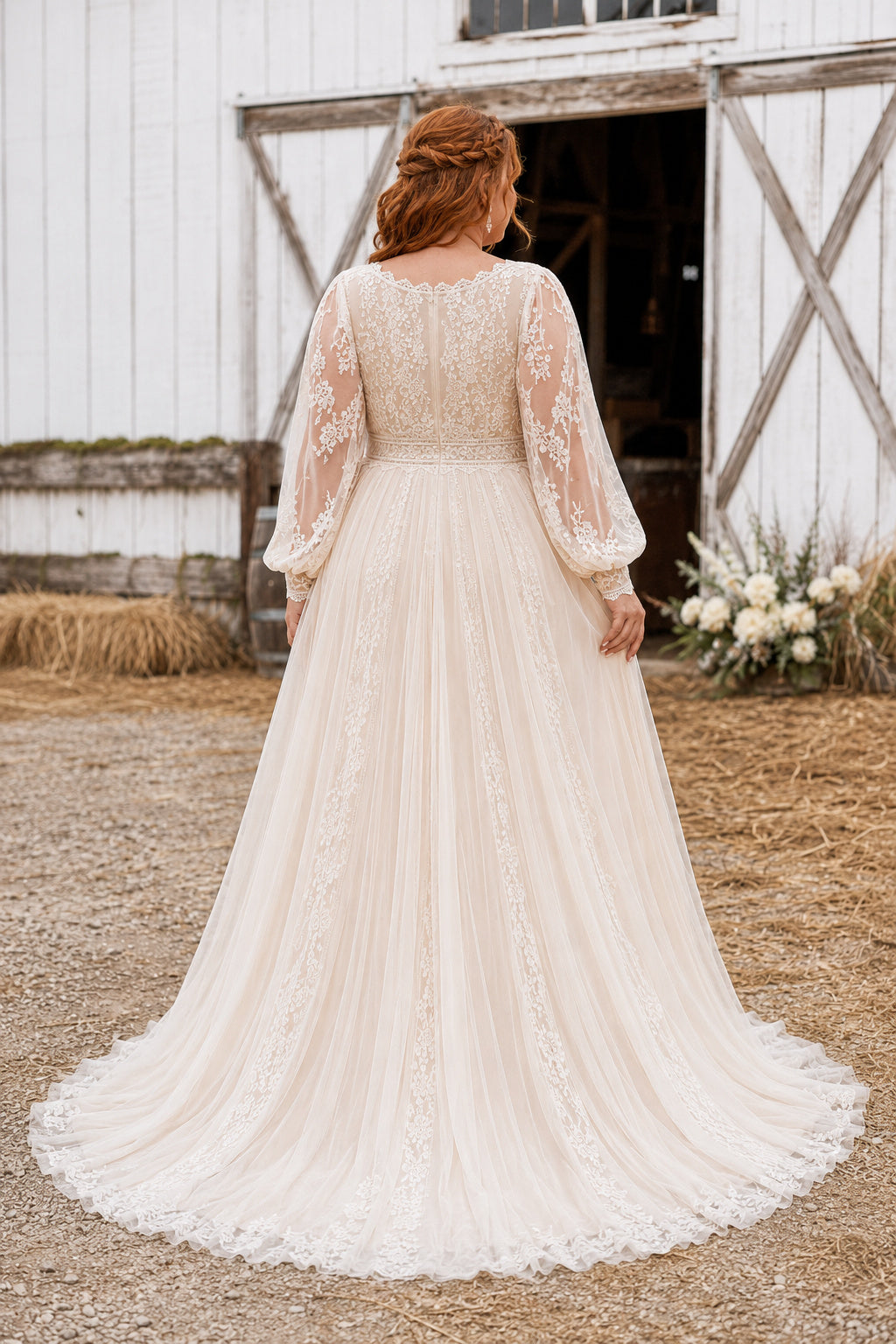 Plus Size Ivory V-Neck Poet Sleeve Lace Tulle A-Line Wedding Dress with Poet Sleeves and Lace Tulle Train back view