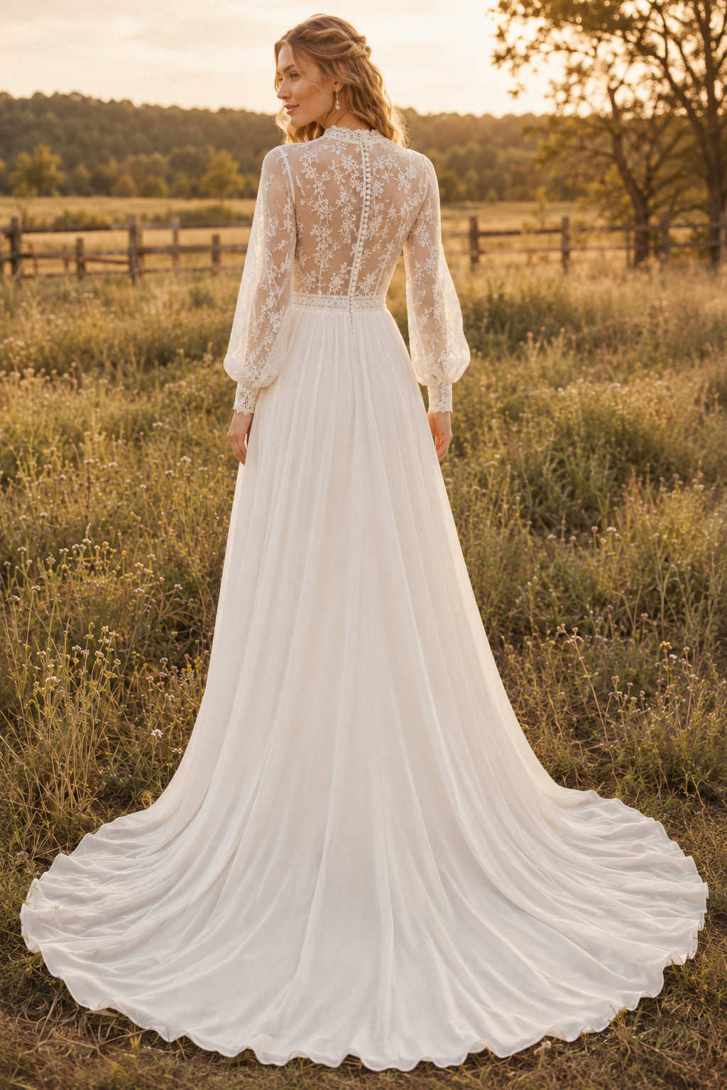 High Neck Long Sleeve A-Line Wedding Dress with Lace Bodice and Chiffon Train for Beach Garden Ceremony Style MG_701283 back