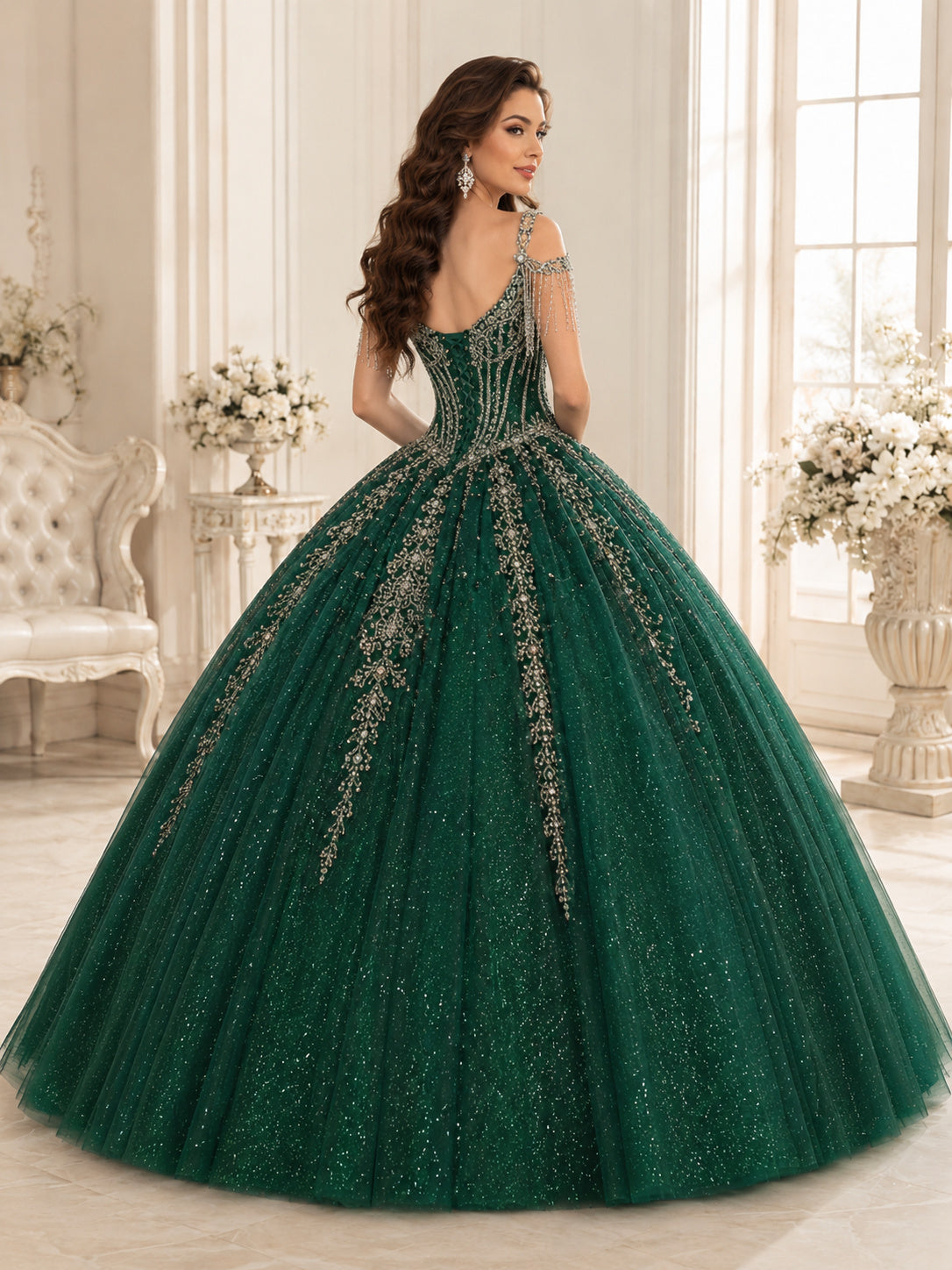 Dark Green Silver Luxury Straps Crystal Fringe Quinceanera Princess Formal Ball Gown back view