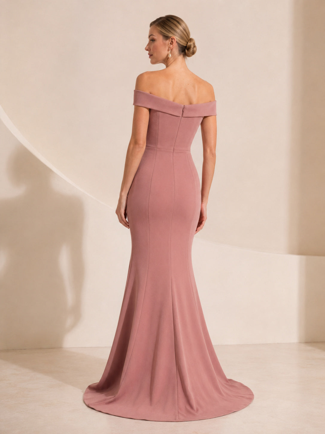 Dusty Rose Off Shoulder Crepe Sheath Formal Dress back view
