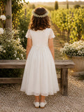 Flower Girl Dress Ivory Tulle A-Line Short Sleeve Scoop Tea length Sash Detail back view