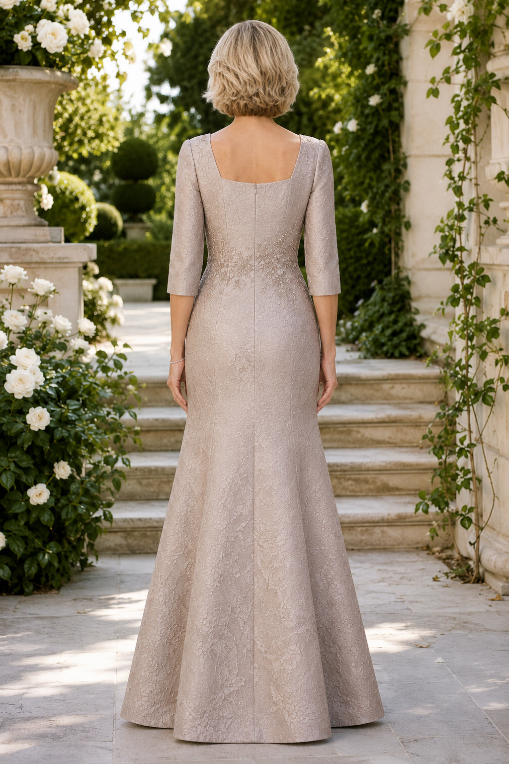 Taupe Bateau Mermaid Mother Dress with Three Quarter Sleeves and Lace Bodice for Evening Reception back view