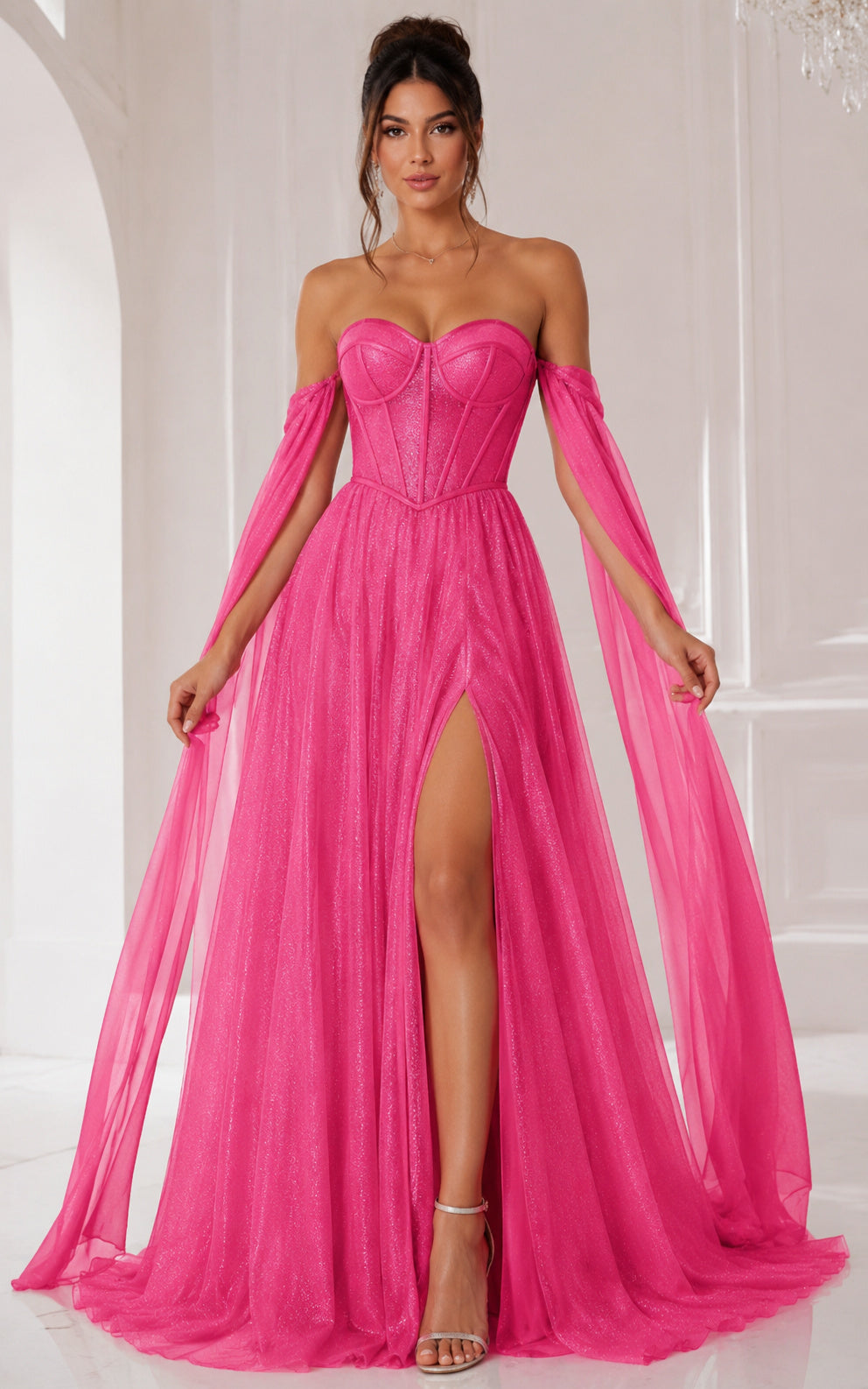Hot Pink Corset Prom Dress with Detachable Sleeves V-Neck A-Line Gown front view