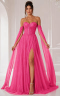 Hot Pink Corset Prom Dress with Detachable Sleeves V-Neck A-Line Gown front view