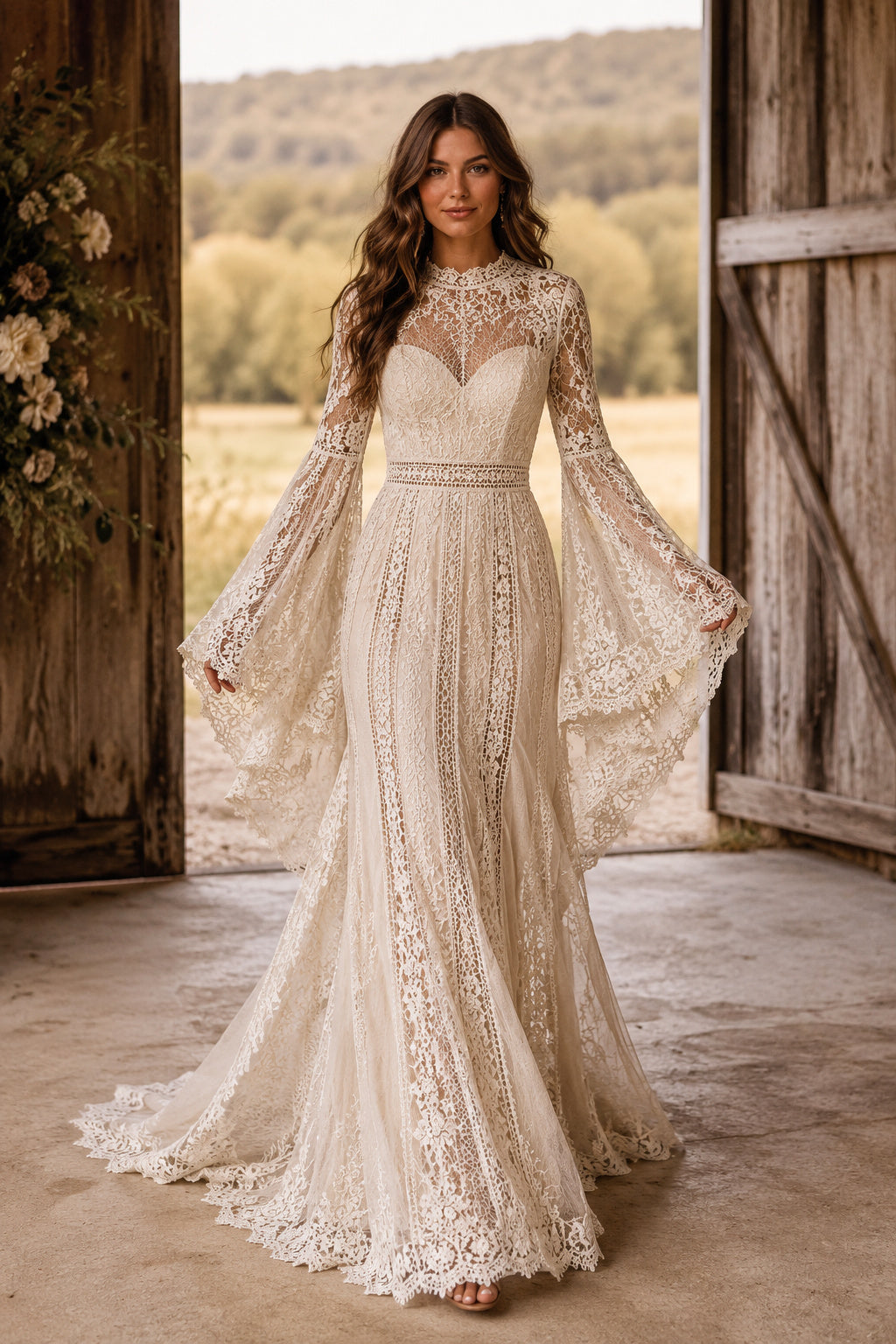 Ivory Bateau Long Sleeve Lace A-Line Wedding Dress Chapel Train for Wedding Ceremony and Reception front view