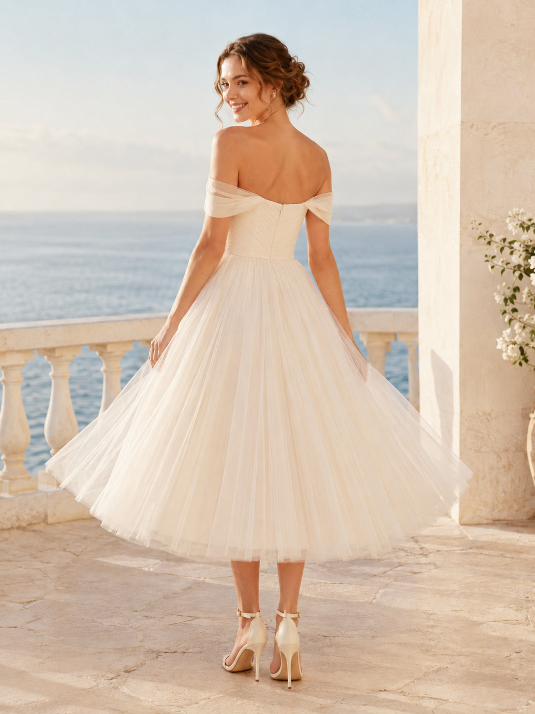 Vintage Tulle Wedding Dress A-Line Off Shoulder Tea Length Bridal Gown back view