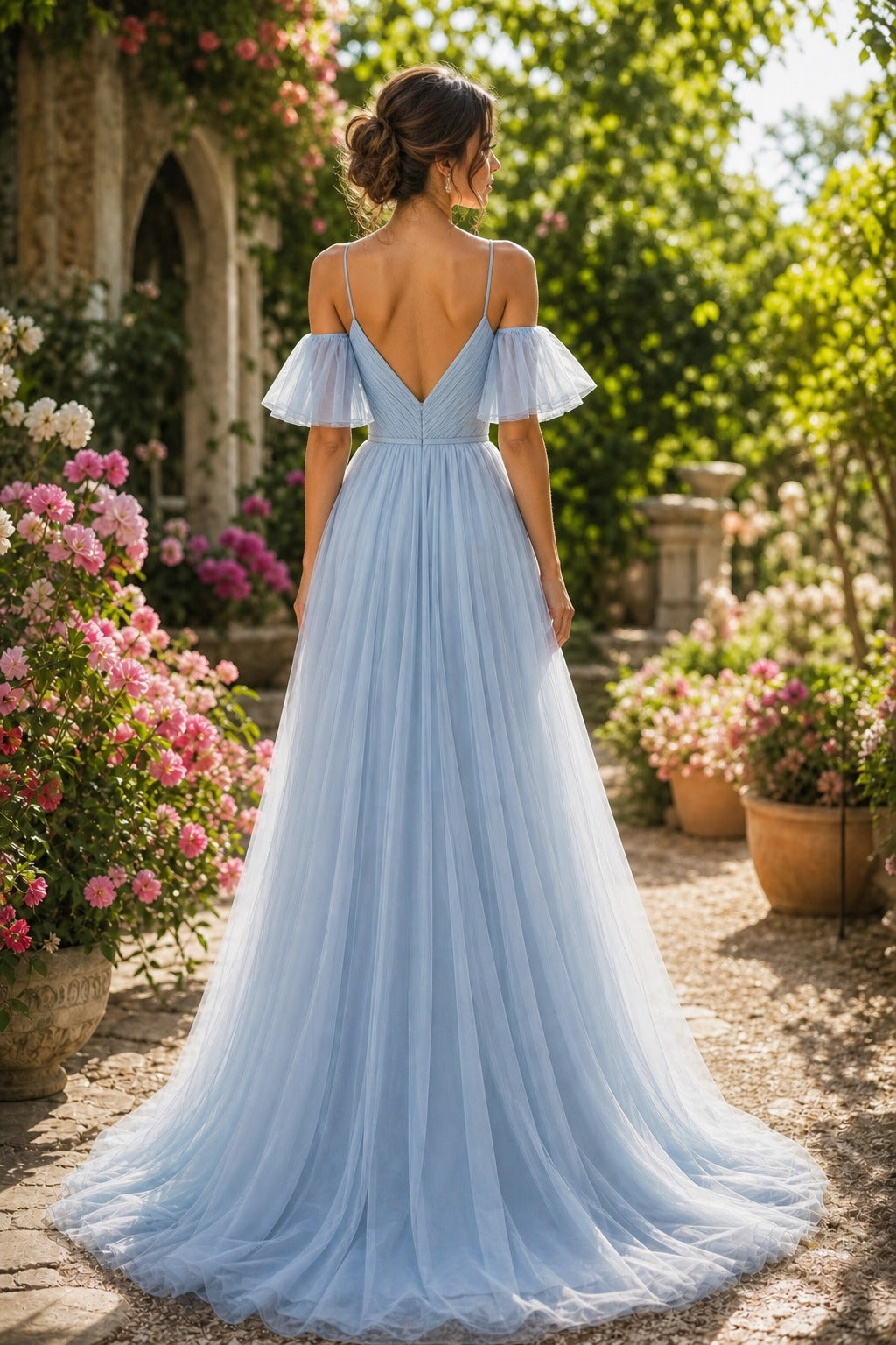 Light Blue Off-the-Shoulder Floor-Length Tulle A-Line Dress