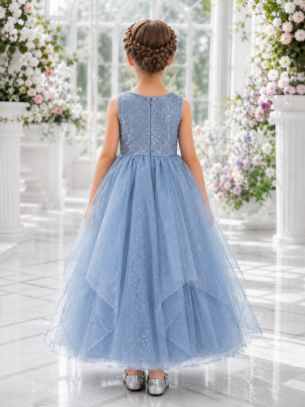 Flower Girl Dress Sky Blue Tulle A-Line Jewel Ankle length Tiered Skirt back view